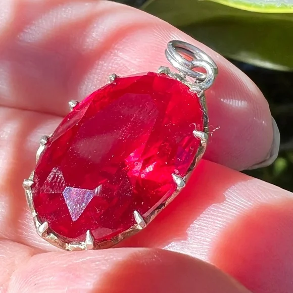 VINTAGE RUBY RED PASTE USSR SOVIET RUSSIAN PENDANT 875 STERLING SILVER STAMPED